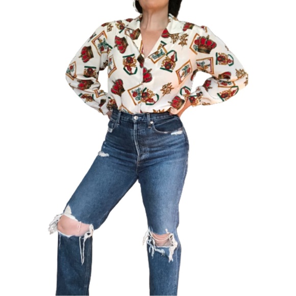 Vintage 80s Medieval Royal Regal Core Crown Monarchy Latin Novelty Blouse L/XL - Picture 17 of 17